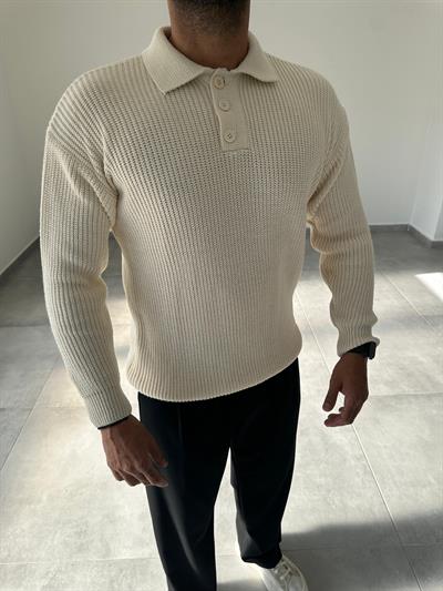 Ekru Renk Düğmeli Polo Yaka Oversize Örme Kazak