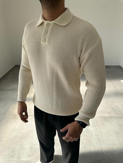 Ekru Renk Düğmeli Polo Yaka Oversize Örme Kazak