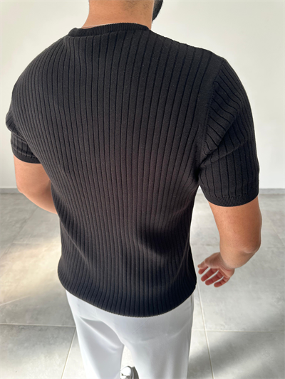 Siyah Renk Fermuar Detaylı Premium Kalite Basic Triko T-Shirt