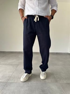 Lacivert Renk Bel Kısmı Lastikli Rahat Kesim Keten Baggy Pantolon