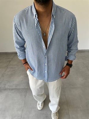 Mavi Beyaz Çizgili Premium Keten Gömlek