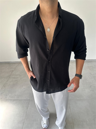 Siyah Renk Oversize Kesim Fresh Keten Gömlek