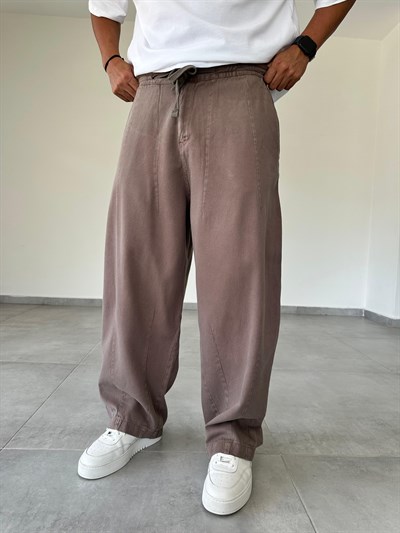 Kahve Renk  Dikiş Detaylı Bol Kesim Gabardin Baggy