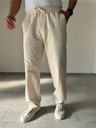 Bej Renk Yıkamalı Bel Kısmı Lastikli Baggy Keten Pantolon