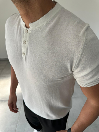 Düğme Detaylı Beyaz Renk  Premium Kalite Basic Triko T-Shirt