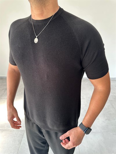 Reglan Kol Detaylı Siyah Renk Premium Kalite Basic Triko T-Shirt