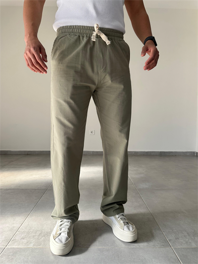Haki Yeşil Renk Yıkamalı Bel Kısmı Lastikli Baggy Keten Pantolon