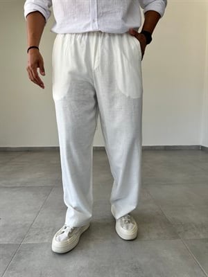 Beyaz Renk Yumuşak Keten Baggy Pantolon