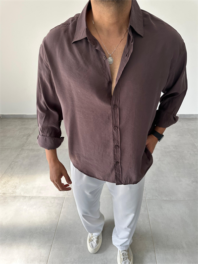 Kahve Renk Modal Kumaş Oversize Kesim Basic Gömlek