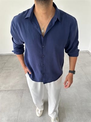 Lacivert Modal Kumaş Oversize Basic Gömlek