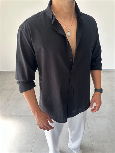 Siyah Renk Oversize Kesim Fresh Keten Gömlek