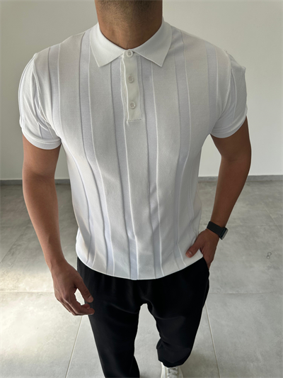 Polo Yaka  Şerit Detaylı Beyaz Renk Triko T-Shirt