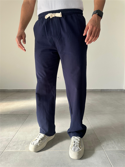 Lacivert Renk Yıkamalı Bel Kısmı Lastikli Baggy Keten Pantolon