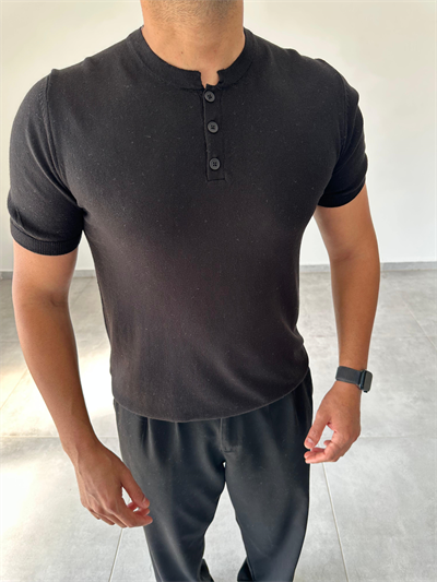 Düğme Detaylı Siyah Renk  Premium Kalite Basic Triko T-Shirt