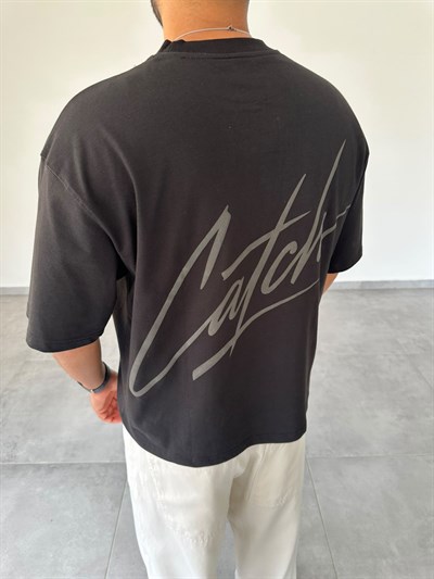 Siyah Renk Catch Baskılı Crop Fit Oversize T-Shirt