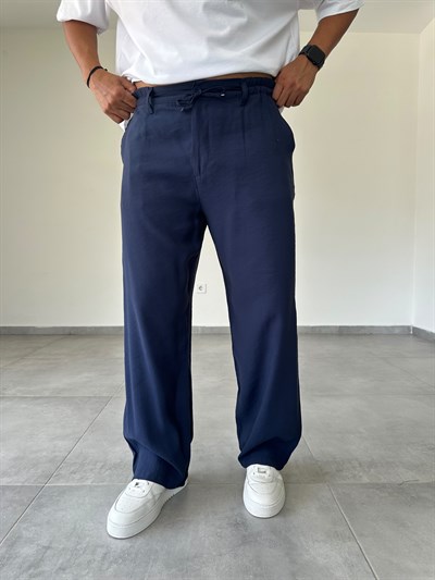 Tensel Kumaş Bel Kısmı Lastik Ve Bağcık Detaylı Lacivert Renk Baggy Pantolon