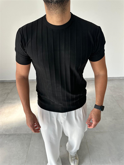Şerit Detaylı Siyah Renk Basic T-Shirt