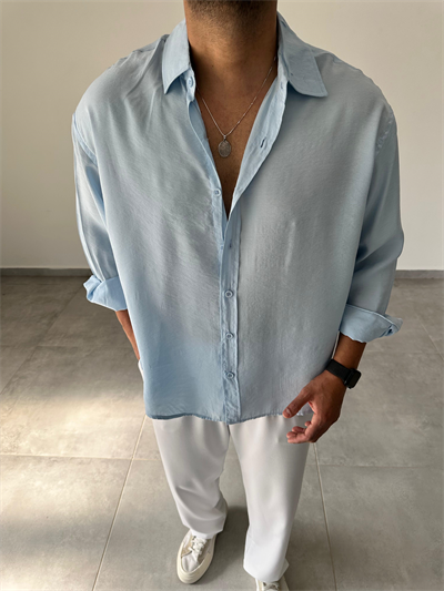 Bebe Mavisi Renk Modal Kumaş Oversize Kesim Basic Gömlek