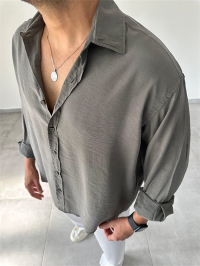 Haki Yeşil Renk Modal Kumaş Oversize Kesim Basic Gömlek