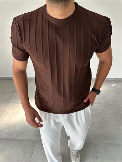 Şerit Detaylı Kahve Renk Basic T-Shirt