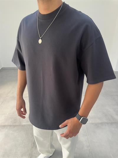 Füme Renk Bisiklet Yaka Oversize T-Shirt
