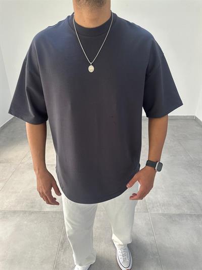 Füme Renk Bisiklet Yaka Kalın Kumaş Oversize T-Shirt