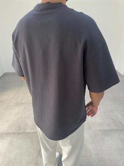 Füme Renk Bisiklet Yaka Oversize T-Shirt