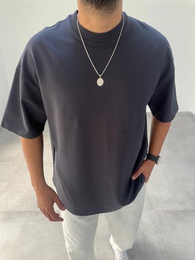 Füme Renk Bisiklet Yaka Oversize T-Shirt