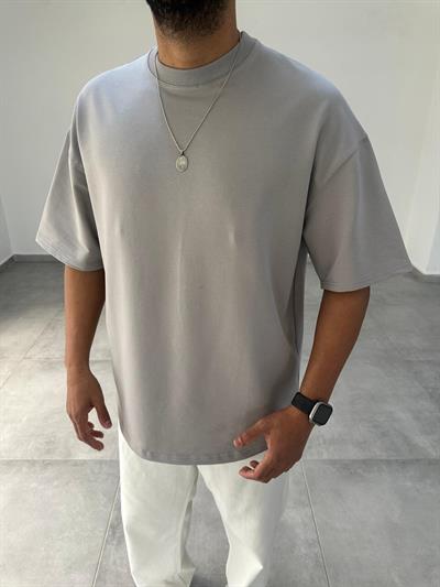 Gri Renk Bisiklet Yaka Oversize T-Shirt