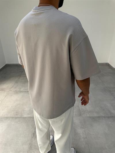 Gri Renk Bisiklet Yaka Oversize T-Shirt