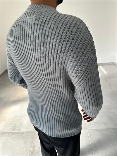 Gri Renk Bisiklet Yaka Oversize Örme Kazak