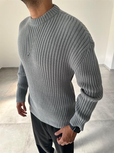 Gri Renk Bisiklet Yaka Oversize Örme Kazak