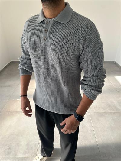 Gri Renk Düğmeli Polo Yaka Oversize Örme Kazak
