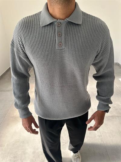 Gri Renk Düğmeli Polo Yaka Oversize Örme Kazak