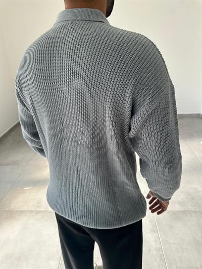Gri Renk Düğmeli Polo Yaka Oversize Örme Kazak