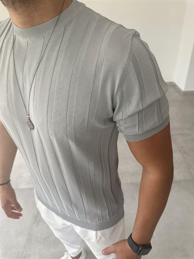 Gri Renk İnce Fitilli Basic Triko T-Shirt