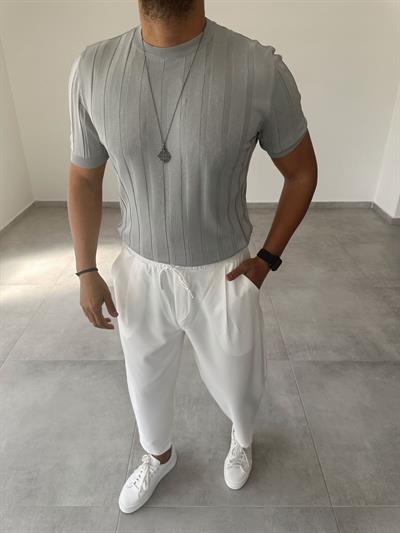 Gri Renk İnce Fitilli Basic Triko T-Shirt