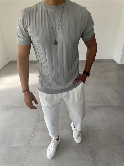 Gri Renk İnce Fitilli Basic Triko T-Shirt