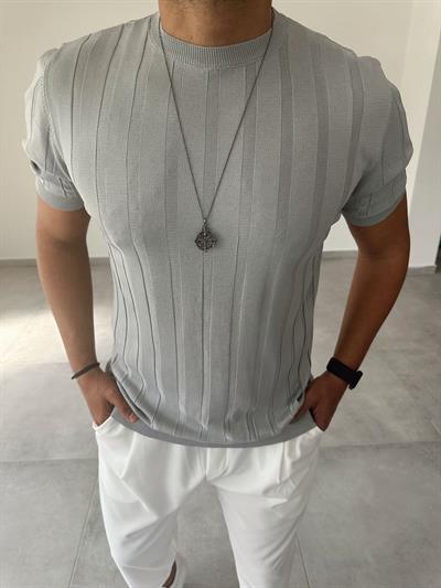 Gri Renk İnce Fitilli Basic Triko T-Shirt