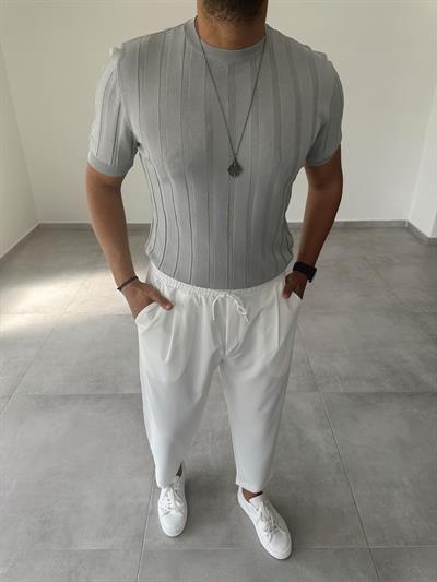Gri Renk İnce Fitilli Basic Triko T-Shirt