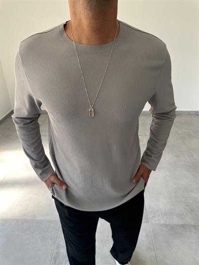 Gri Renk Kesik Yaka Detaylı Ottoman Kumaş Sweatshirt