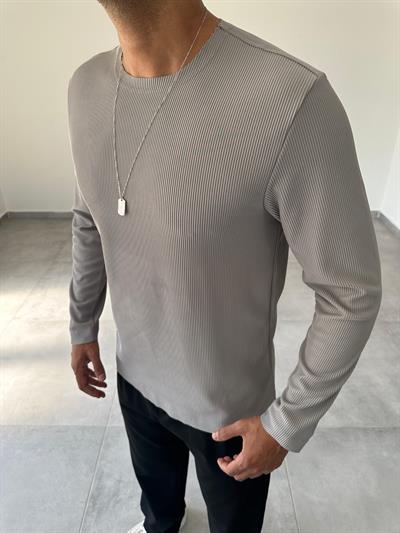 Gri Renk Kesik Yaka Detaylı Ottoman Kumaş Sweatshirt