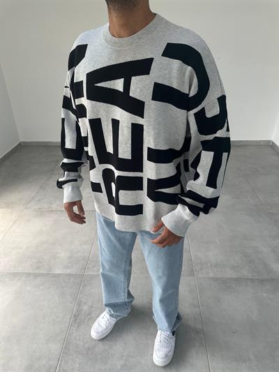 Gri Renk Letter İşlemeli Örme Oversize Sweatshirt