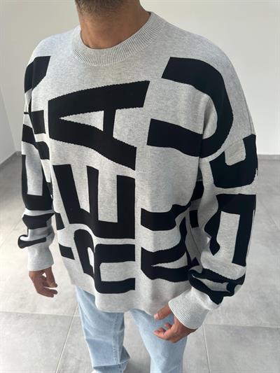 Gri Renk Letter İşlemeli Örme Oversize Sweatshirt