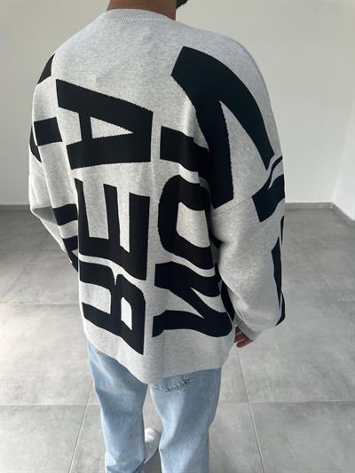 Gri Renk Letter İşlemeli Örme Oversize Sweatshirt