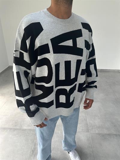 Gri Renk Letter İşlemeli Örme Oversize Sweatshirt