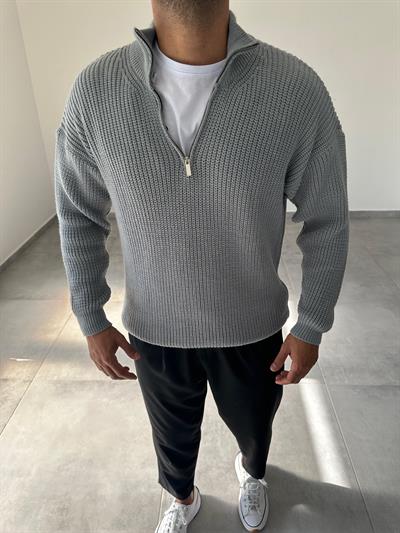 Gri Renk Yarım Fermarlı Oversize Örme Triko Kazak