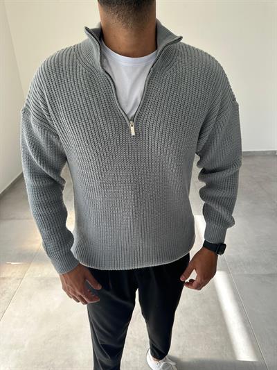 Gri Renk Yarım Fermarlı Oversize Örme Triko Kazak