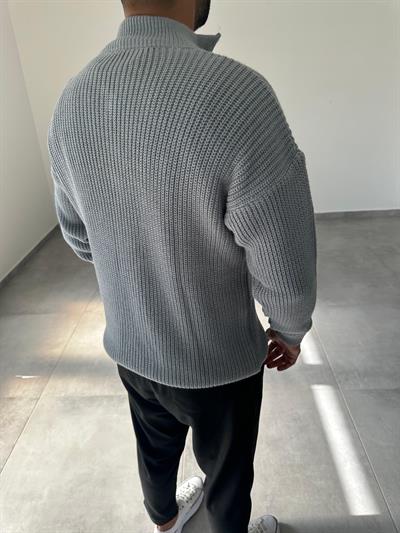Gri Renk Yarım Fermarlı Oversize Örme Triko Kazak