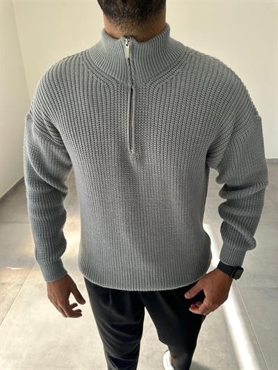 Gri Renk Yarım Fermarlı Oversize Örme Triko Kazak